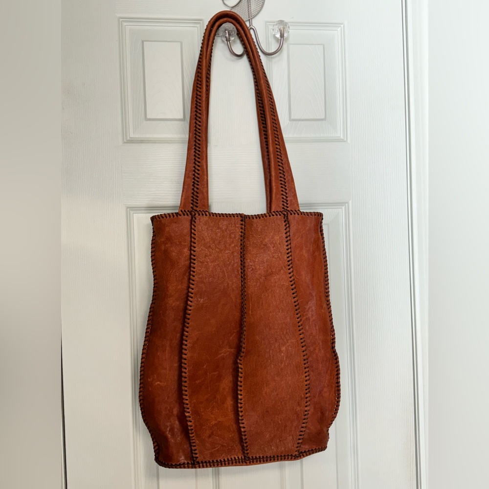 Large Stitched Leather Shoulder Bag Zippers Marked Lampo
